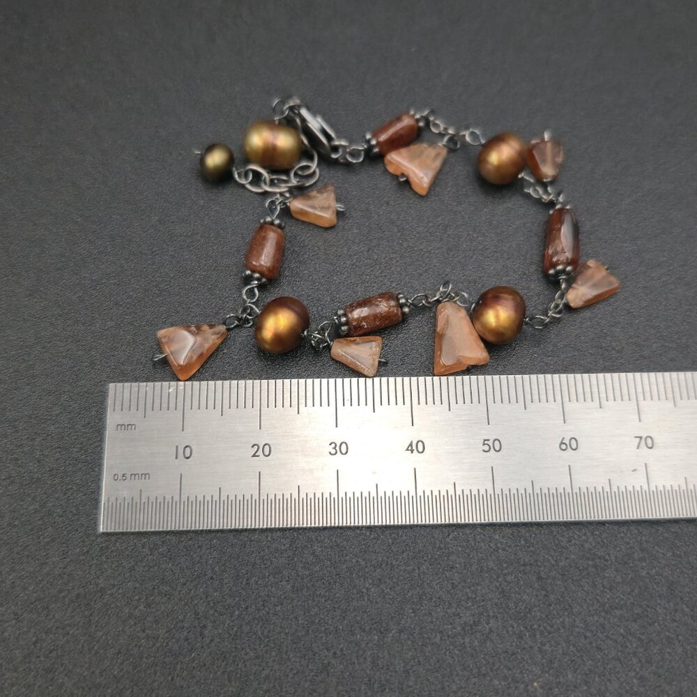 7+1 Inch Sterling Silver Orange Agate And Pearl Tarnished Bracelet A7303 - Picture 6 of 7